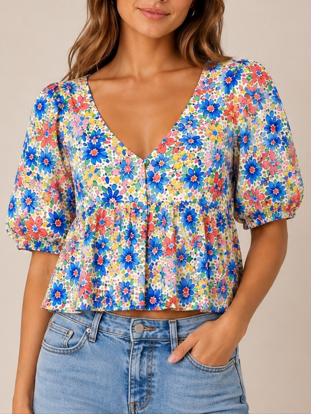 Topshop Floral Tea Peplum Blouse Womens Size US 10 M Sweetheart Puff Sleeve Boho
